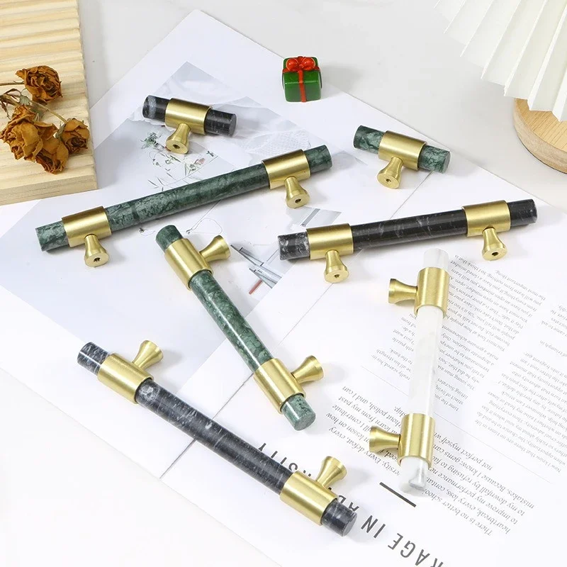 Furniture And Hardware Supplies - มือจับลิ้นชักทองเหลืองลายหินอ่อน 1 ชิ้น สไตล์นอร์ดิก มือจับตู้ครัว อุปกรณ์ฮาร์ดแวร์เฟอร์นิเจอร์หรูหรา