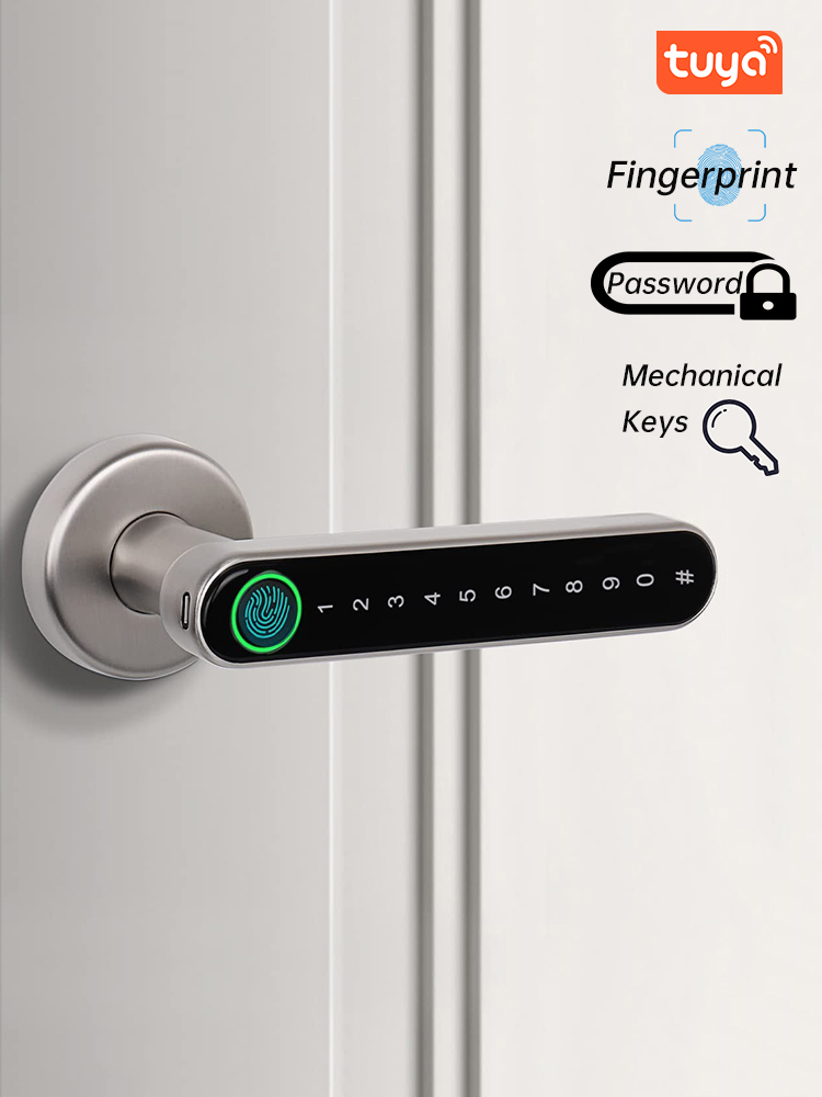 Furniture Hardware Fitting - KAK ล็อคประตูลายนิ้วมือสมาร์ทสีดำล็อคประตูไบโอเมตริกซ์รหัสผ่านล็อคประตูทางเข้าแบบไร้กุญแจพร้อมที่จับฮาร์ดแวร์ประตูเพื่อความปลอดภัย