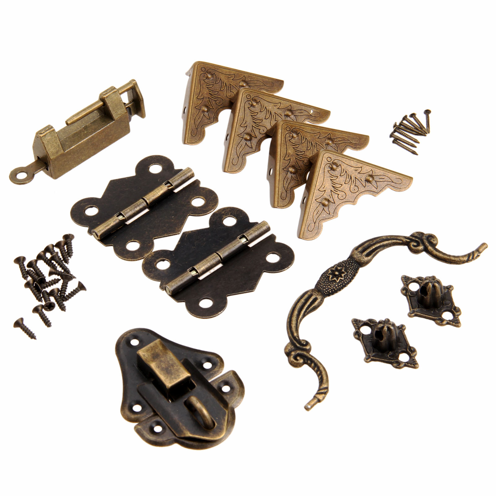 Furniture Hardware And Fittings - 9ชิ้น/เซ็ตอุปกรณ์เฟอร์นิเจอร์จีนฮาร์ดแวร์ทองเหลืองโบราณไม้กล่อง Latch Hasp + มือจับ +